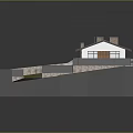 Traditional House Building With Blue Roof Chimneys Stone Fence Wooden Terrace And Green Lawn