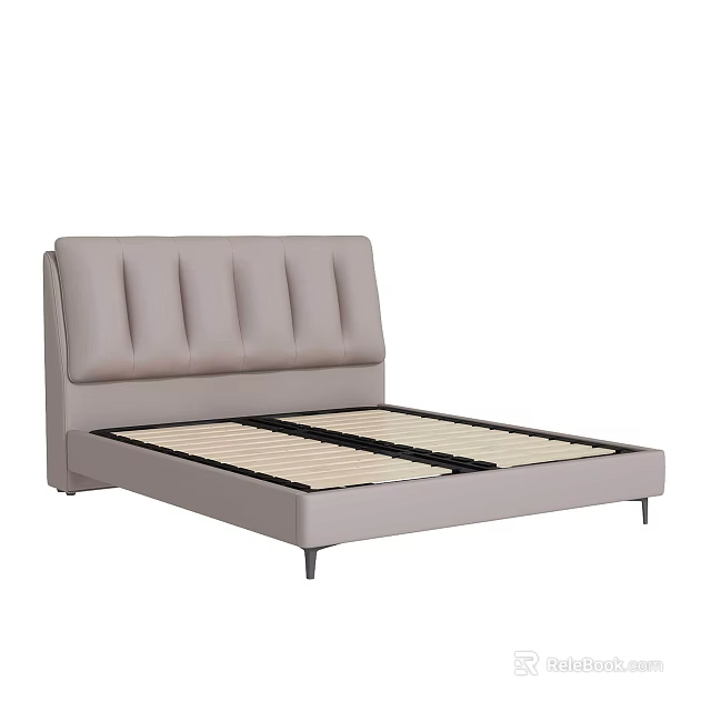 Light Gray Leather Double Bed With Stitched Headboard And Sleek Wooden Frame 3d model 