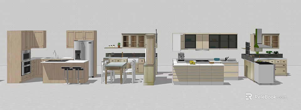 Modern Kitchen Interior Design With Cabinets Island Counter And Dining Table 3d model