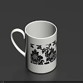 White Ceramic Mug With Black Floral Decorative Pattern And Smooth Surface 3d model