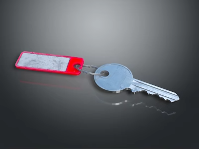 Silver Key Hardware Tool With Red Tag And White Label Area On Dark Background 3d model