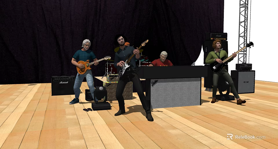 Band Members Performing On Stage With Guitars Drums Keyboard And Amplifiers 3d model 