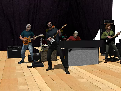 Band Members Performing On Stage With Guitars Drums Keyboard And Amplifiers 3d model
