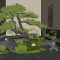 Japanese Style Indoor Landscape With Pine Tree Moss Rocks And Stone Lantern