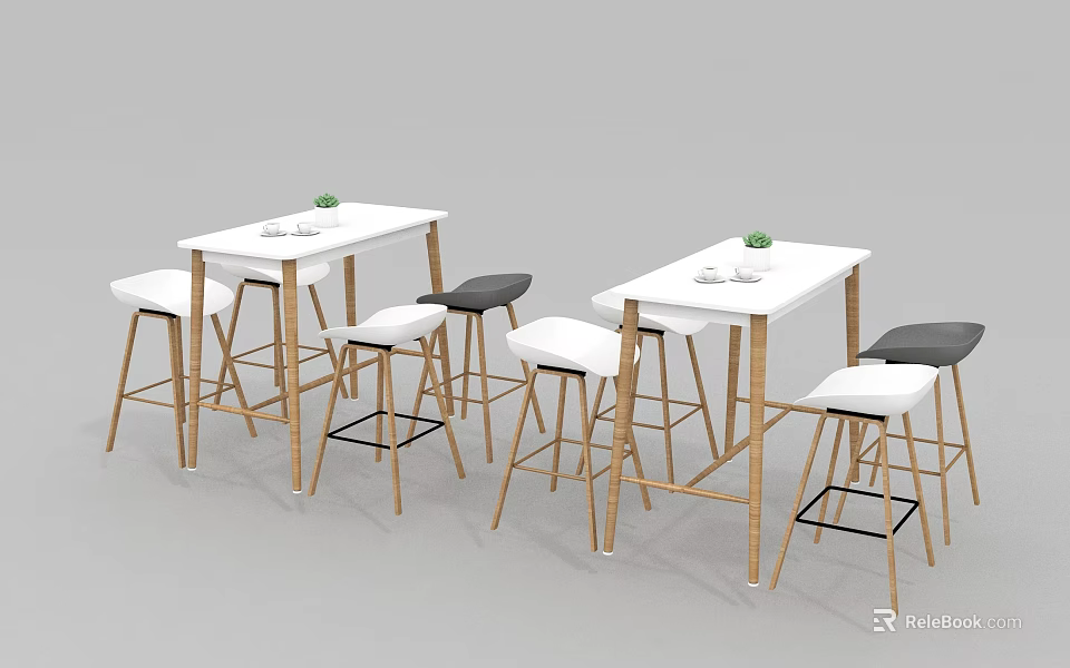 Modern White Bar Counter With Wooden Frame And High Stools Design 3d model