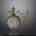 Vintage Gold Wrought Iron Wall Clock With Ornate Bracket And Roman Numeral Dial