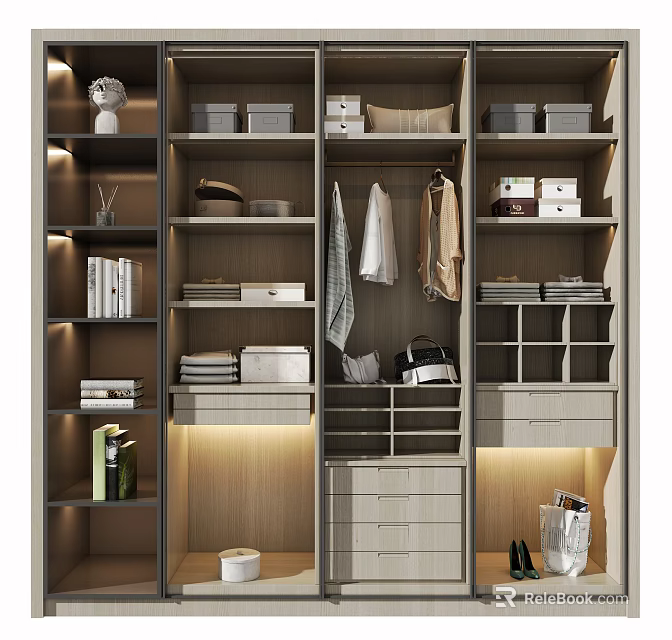 Modern Minimalist Wardrobe with Multiple Shelves Drawers Hanging Clothes and Storage Boxes 3d model 