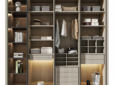 Modern Minimalist Wardrobe with Multiple Shelves Drawers Hanging Clothes and Storage Boxes 3d model