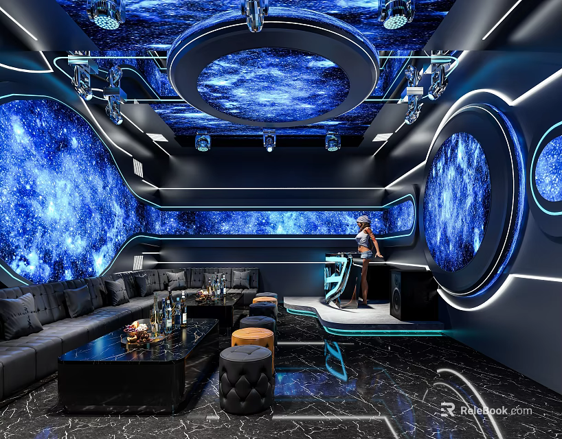 Futuristic KTV Interior With Starry Sky Decor And Neon Lights 3d model 
