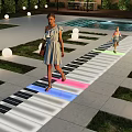 Park Landscape With Piano Keyboard Path Colorful Lights People Walking Round Lights And Pool Area