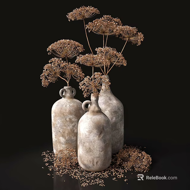 Three Textured Light Colored Vases With Dried Flowers On Black Background 3d model