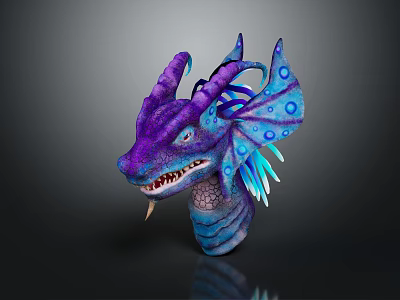 Purple and Blue Fantasy Dragon Character with Horns Sharp Teeth Scales and Spotted Wings 3d model