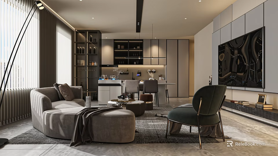 Modern Living Dining Room Interior Design With Open Layout Sofa Chairs And Coffee Table 3d model