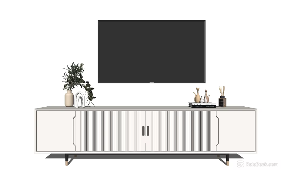 Modern White TV Stand With Storage Cabinets And Decorative Items For Living Room 3d model 