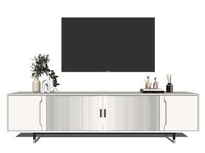 Modern White TV Stand With Storage Cabinets And Decorative Items For Living Room 3d model