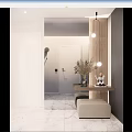 Modern Entryway Hallway Design With Marble Floor Wooden Console Table Dried Flowers Wall Lights And Bench