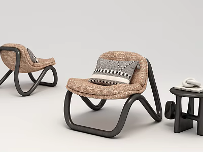 Modern Lounge Chair With Black Curved Frame Brown Upholstery And Gray White Striped Pillow 3d model