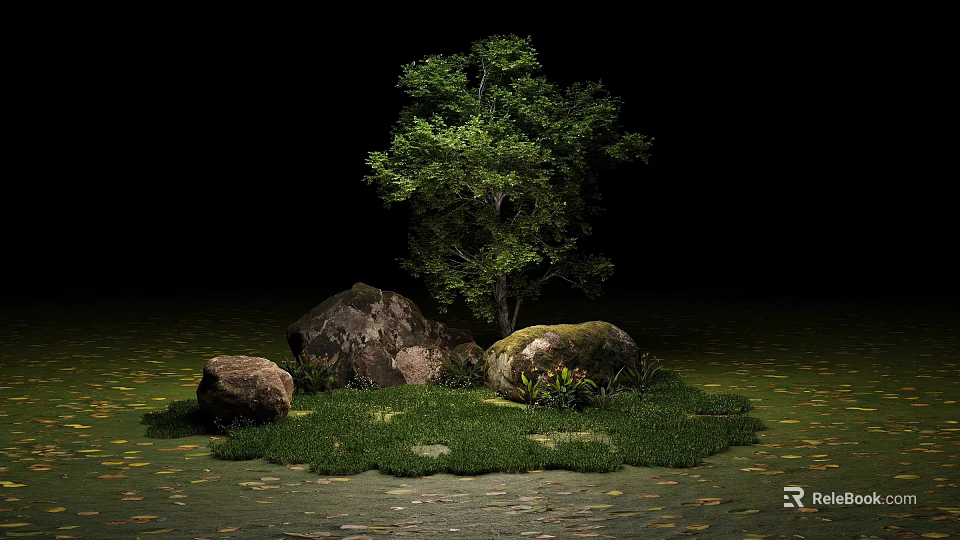 Hanging Basket Green Plants with Trees Rocks and Grass in Dark Garden Decor 3d model 