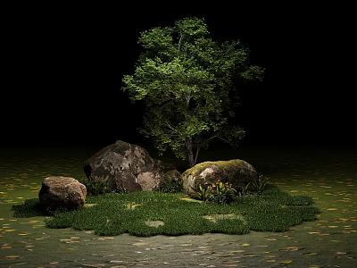 Hanging Basket Green Plants with Trees Rocks and Grass in Dark Garden Decor 3d model
