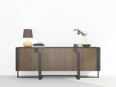 Modern Wooden Entryway Cabinet Sideboard With Black Frame Table Lamp Books And Green Plant Vase 3d model