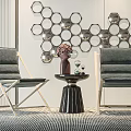 Modern Leisure Chairs With Hexagonal Wall Decor Side Table And Striped Carpet 3d model
