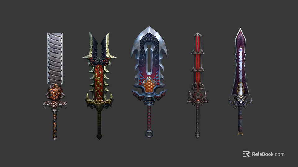 Various Fantasy Weapons With Ornate Designs And Decorative Elements Displayed 3d model 