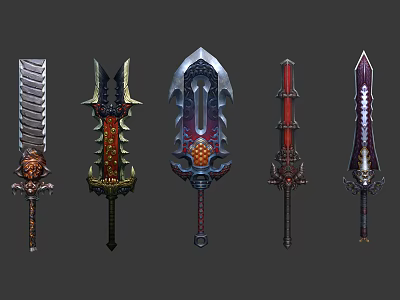 Various Fantasy Weapons With Ornate Designs And Decorative Elements Displayed 3d model