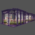 Elegant Grandiflora Shop Interior With Purple Display Shelves Marble Counters Green Plants And Ceiling Lighting