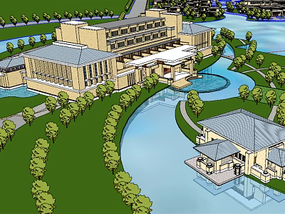 Elegant Hotel Building Architecture With Waterfront Pool And Lush Green Landscape 3d model