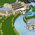 Elegant Hotel Building Architecture With Waterfront Pool And Lush Green Landscape
