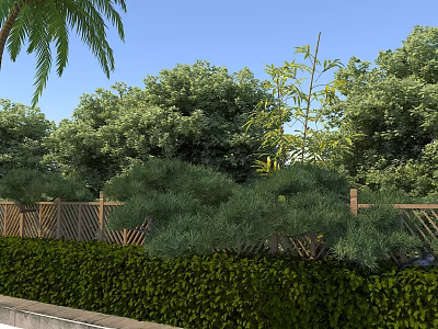 Rural Landscape with Palm Tree Lush Trees Wooden Fence and Green Hedge Under Blue Sky 3d model