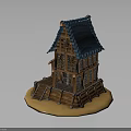 Wooden Cottage Model With Blue Tiled Roof Windows Stairs And Fence Base