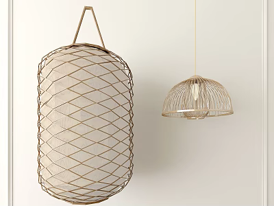 Woven Metal Mesh Lantern Shaped And Dome Metal Frame Pendant Lights On White Wall 3d model