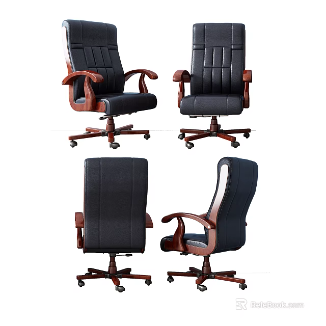 Black Leather Office Chair with Wooden Armrests Swivel Base Wheels and Multiple Angles View 3d model 