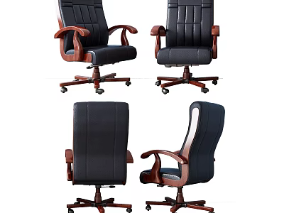 Black Leather Office Chair with Wooden Armrests Swivel Base Wheels and Multiple Angles View 3d model
