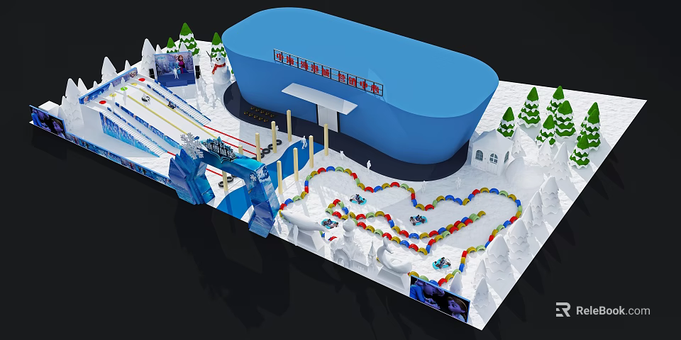 Winter Sports Fitness Venue Featuring Ice Curling Rink And Ski Track Areas 3d model 