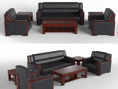 Modern Black Leather Sofa and Wooden Coffee Table Set for Living Room Furniture 3d model