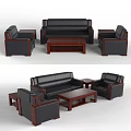Modern Black Leather Sofa and Wooden Coffee Table Set for Living Room Furniture