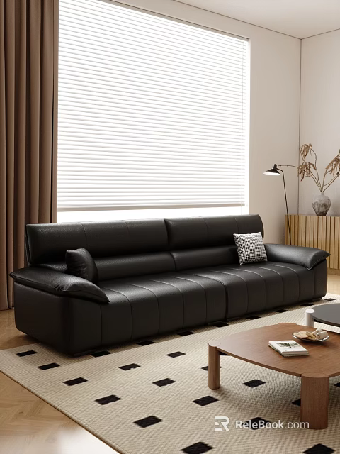 Modern Black Leather Sofa And Coffee Table Set With Pillows Window Blinds And Floor Lamp 3d model 