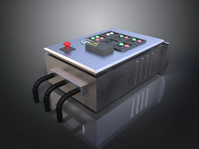 Industrial Control Panel with Multiple Colored Buttons Red Emergency Button and Black Connecting Tubes 3d model