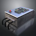 Industrial Control Panel with Multiple Colored Buttons Red Emergency Button and Black Connecting Tubes 3d model