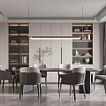 Modern Restaurant Interior With Dining Table Chairs Hanging Lamp Open Shelves And Windows