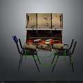Rusted Box With Open Lid Featuring Folding Chairs Blue Parts And Green Ropes