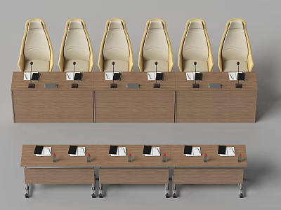 Brown Office Desk With Six Yellow Chairs Notebooks Stationery And Wheels On Surface 3d model