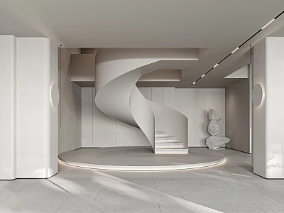 Modern Minimalist Foyer Hallway With White Spiral Staircase And Sculpture Decor 3d model