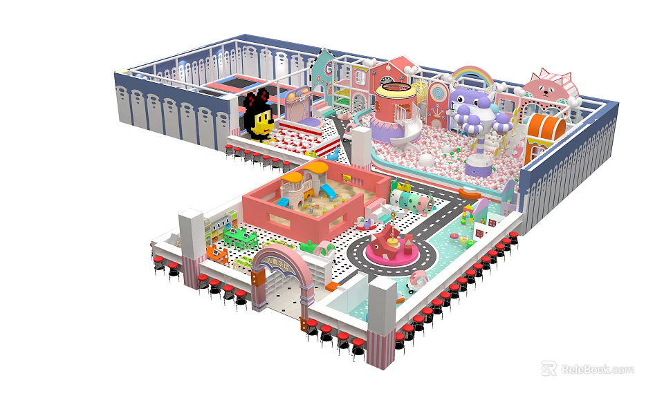 Colorful Kids Playground with Sandpit Cartoon Characters Tracks and Fun Play Areas 3d model 
