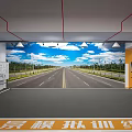 Indoor Parking Lot With Yellow Directional Arrows Digital Screen Red Pipes And Advertising Banners