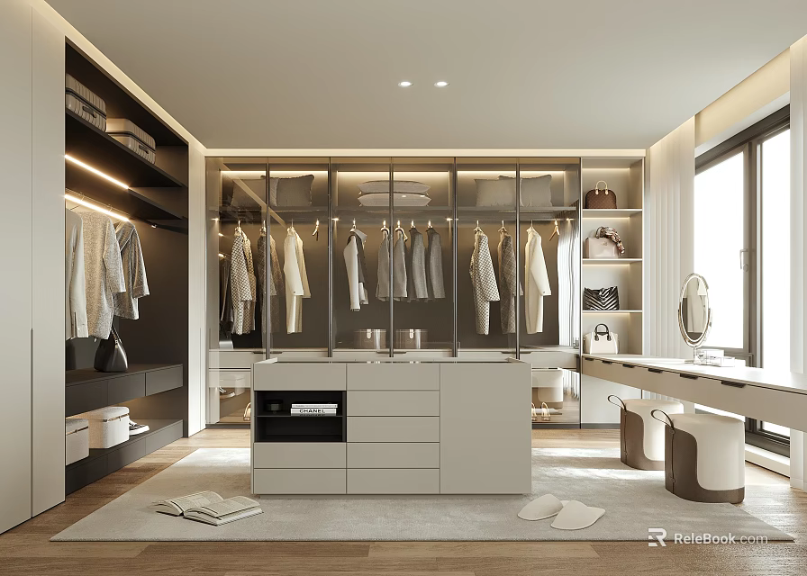Modern Walk In Closet Interior With Hanging Clothes Cabinets Dressing Table And Mirror 3d model 