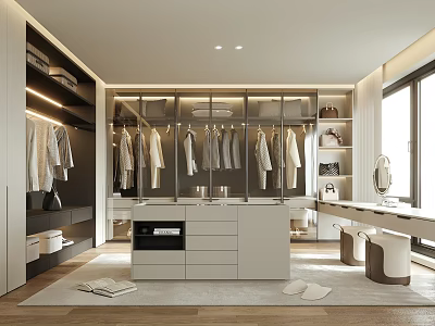 Modern Walk In Closet Interior With Hanging Clothes Cabinets Dressing Table And Mirror 3d model