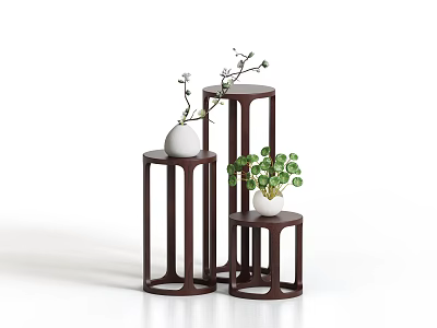 Modern Wooden Plant Stands With Multi Tiered Design And Green Plants In White Vases 3d model